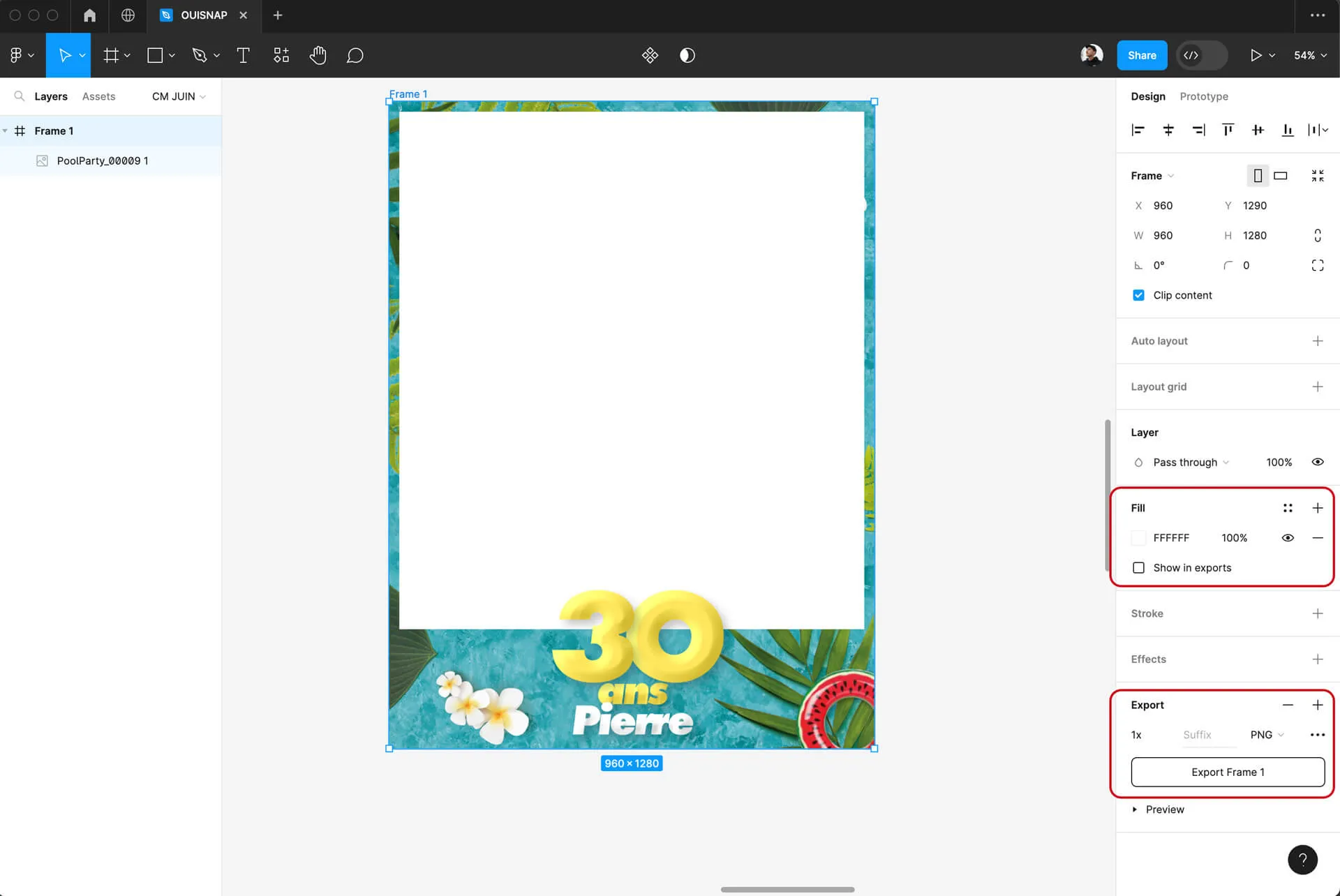 Figma screenshot — exporting a frame as PNG